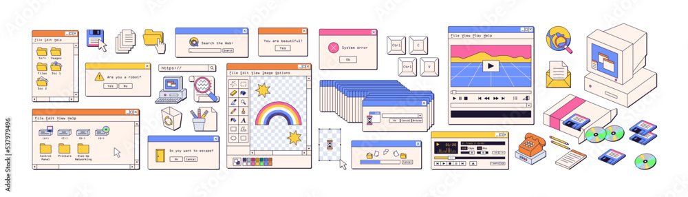 Retro user interface elements in vaporwave aesthetic, 90s, 00s style. Old UI design of dialogue window, system computer message. Colored flat graphic vector illustrations isolated on white background - obrazy, fototapety, plakaty 