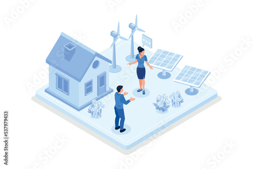 Sustainability, People trying to save planet earth with house with solar energy panels, windmills, isometric vector modern illustration