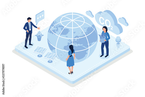 Environmental protection, characters trying to reduce CO2 emission, isometric vector modern illustration