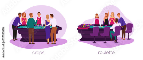 People play roulette and craps game vector set. Casino, gaming house flat illustration. Happy people characters. Casino interior decor. Gambling industry. For design casino web sites.