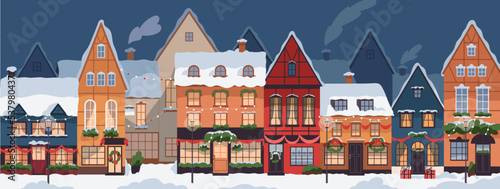Winter city with houses in snow, decorated for Christmas. Empty street of Europe town with home buildings, lights in windows on holiday evening. European cityscape panorama. Flat vector illustration