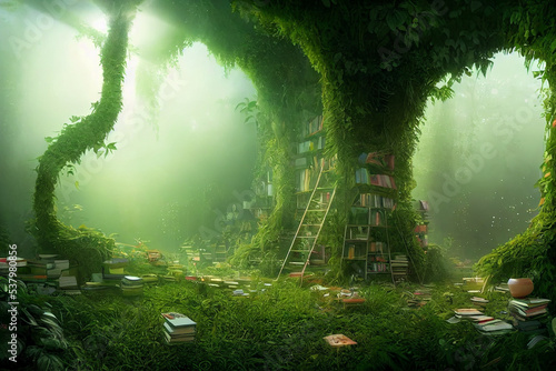 overgrown fantasy library, concept art, digital illustration, Generative AI