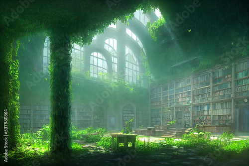 overgrown fantasy library, concept art, digital illustration