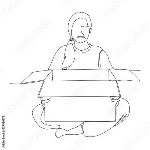 One continuous line drawing of woman shopper unboxing mail package. Thin Line Illustration vector concept. Contour Drawing Creative ideas.