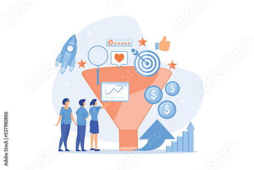 Analysts analyzing market. Selling strategy, lead generation. Marketing funnel, product marketing cycle, advertising system control concept, flat vector modern illustration