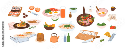 Dishes on plates, bowls set. Dinner and lunch meals with meat, vegetables, mushrooms. Served chicken, sushi, pasta, fried eggs, fruits. Flat graphic vector illustrations isolated on white background photo