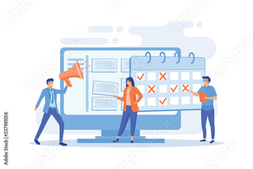 Time management, marketers teamwork. Media planning, media representation control, reach your client, best media plan for your brand concept, flat vector modern illustration