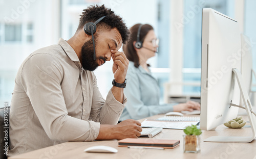 Vászonkép Stress, headache and call center businessman on computer for customer service or consulting