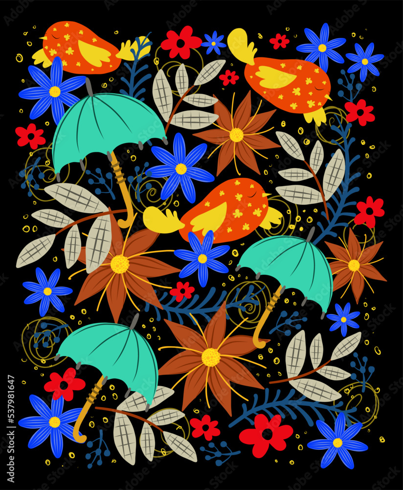 Autumn floral background with birds and umbrella?