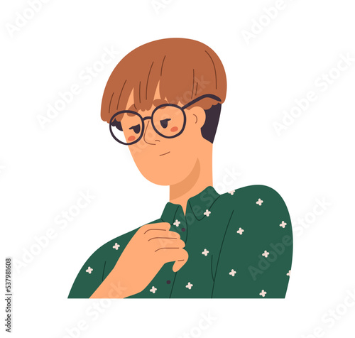 Shy modest man with sad confused face expression. Upset humble Asian guy in glasses with unhappy gloomy emotion, negative mood, confusion. Flat vector illustration isolated on white background