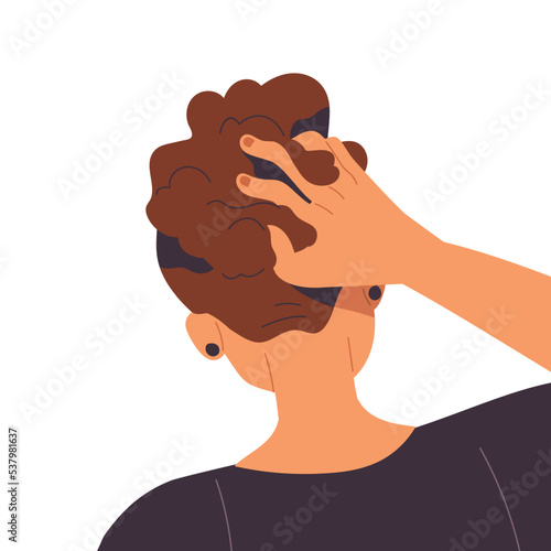 Scratching head back, nape with hand. Fingers in hair, faceless avatar of thinking thoughtful human. Abstract pondering wondering person. Flat vector illustration isolated on white background