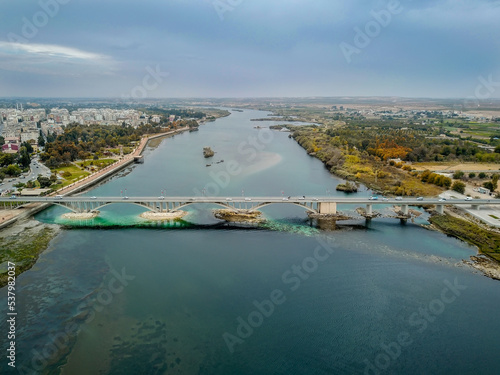 Birecik Bridge over the Euphrates River, connecting the provinces of Gaziantep and Şanlıurfa. Taken with a drone photo