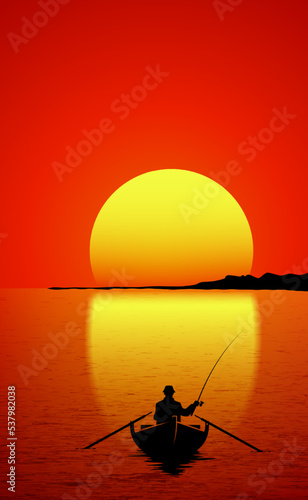 Fisherman in a boat at sunset. Vector illustration of a sunset seascape with a fisherman. Sketch for creativity.