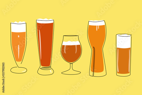 A set of beer glasses of various shapes. Flat vector illustration. colored minimalistic drawing