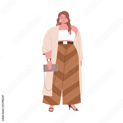 Curvy chubby woman wearing elegant clothes. Modern plump plus-size girl in fashion apparel with purse, accessories. Pretty chunky female. Flat vector illustration isolated on white background