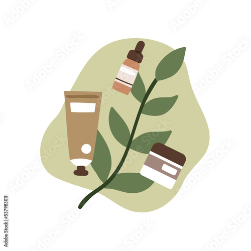 Green natural cosmetics. Vegan eco-friendly cosmetic products and leaf. Organic face skin care stuff, cream jar, tube, serum, oil bottle. Flat vector illustration isolated on white background