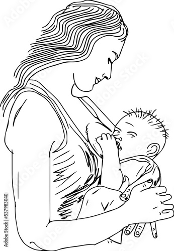 woman doing breastfeeding vector illustration,mother sketch drawing with newborn baby, breastfeeding mother clip art, and silhouette