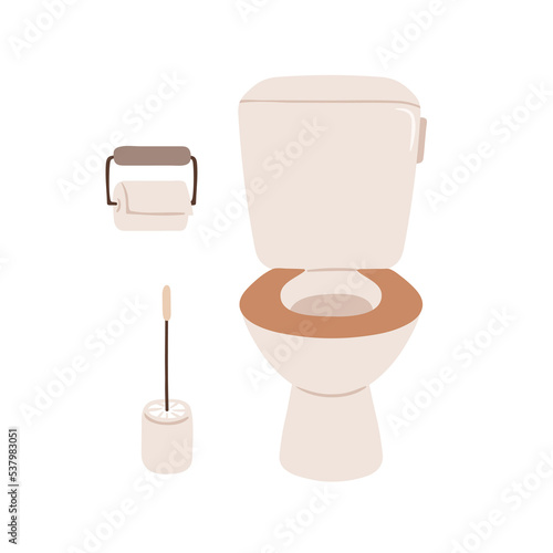 Ceramic flush with seat and tank, toilet paper holder, closet brush in WC. Clean lavatory, loo and hygiene sanitary equipment for restroom. Flat vector illustration isolated on white background
