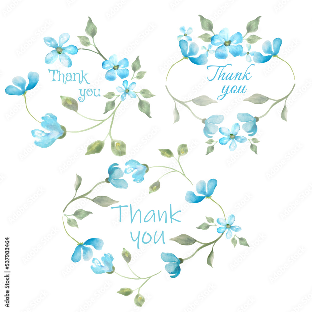 Watercolor set thank you cards with little blue flowers, green branches