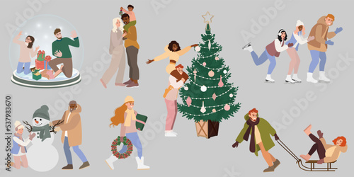 People winter activities set Christmas holiday preparing