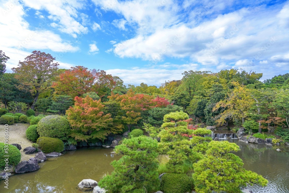 Fototapeta premium 色づき始めたモミジの紅葉と滝のコラボ情景＠岩手