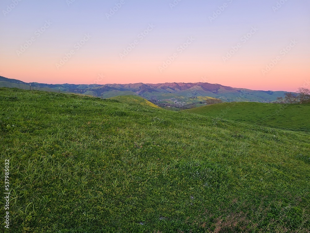 Sun sets on the hills of the Diablo Range in San Ramon, California