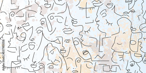 One line drawing. Abstract face seamless pattern.
