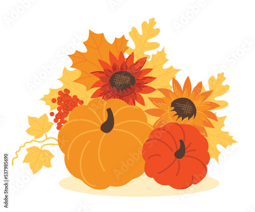 Autumn decor. Pumpkins and a bouquet of autumn leaves. Vector image.