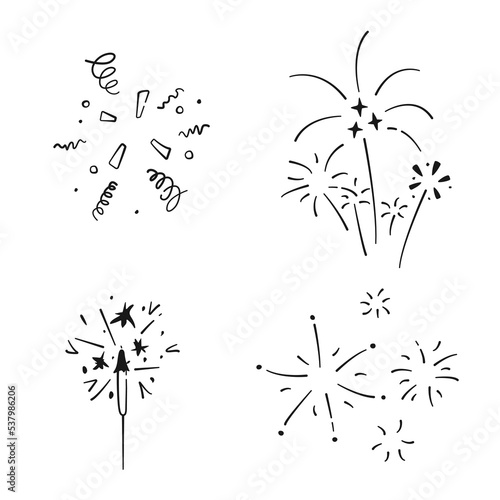 Set of simple doodle confetti, sparkler and fireworks. Collection of hand drawn elements holiday. Vector illustration
