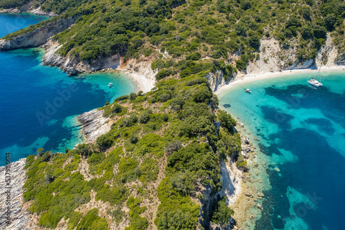 Aerial photo of the paradise beach of Gidaki in Ithaca, the beautiful  Ionian island of Greece. © valantis minogiannis