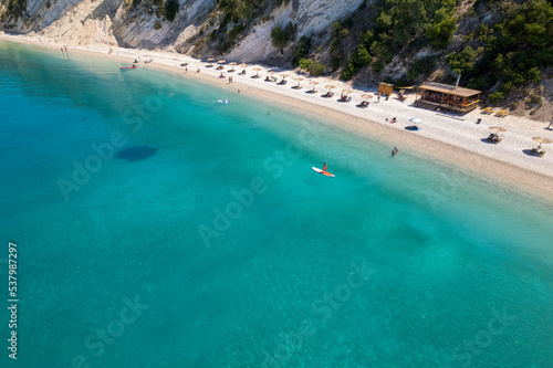Aerial photo of the paradise beach of Gidaki in Ithaca, the beautiful Ionian island of Greece.