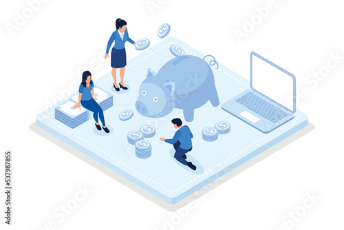 Retirement fund, Seniors saving money for retirement, isometric vector modern illustration