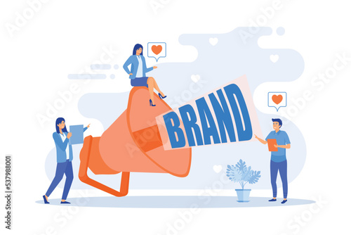 Marketers with megaphone conducting brand awareness campaign. Brand awareness, product research result, marketing survey metrics concept, flat vector modern illustration