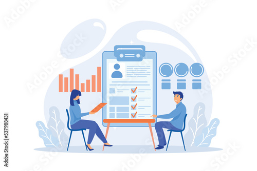 Employer meeting job applicant at pre-employment assessment. Employee evaluation, assessment form and report, performance review concept, flat vector modern illustration