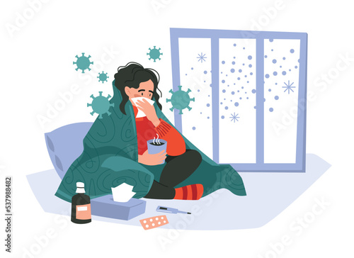 Disease. The girl has a cold, sits wrapped in a blanket, with a handkerchief and a mug of tea. Vector image. photo