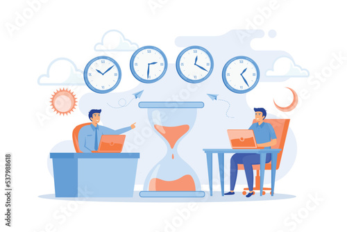 Busy businessmen with laptops near hourglass working in different time zones. Time zones, international time, world business time concept, flat vector modern illustration