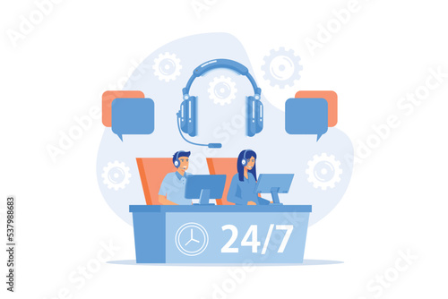 Customer service operators with headsets at computers consulting clients 24 for 7. Call center, handling call system, virtual call center concept, flat vector modern illustration