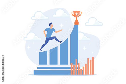 Businessman jumps on graph columns on the way to success. Positive thinking and success achievement, self-confidence concept on white background, flat vector modern illustration