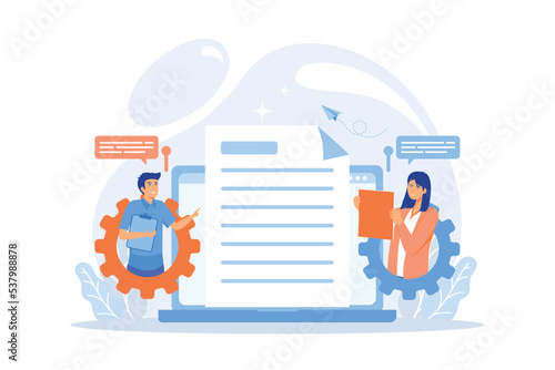 Business team editing shared document on laptop online. Shared document, shared folder access, collaborative document editing concept, flat vector modern illustration
