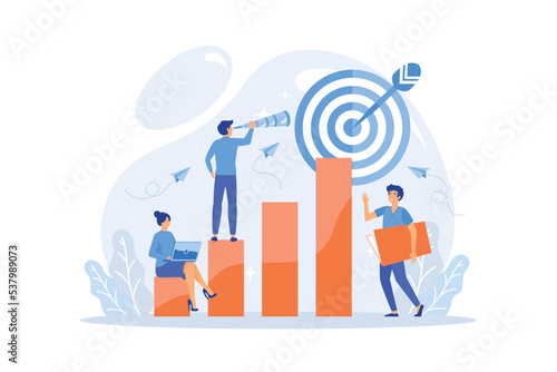 Businessman on top looking into telescope and employees. Business opportunity, bizopp and franchising, distribution concept on white background, flat vector modern illustration photo