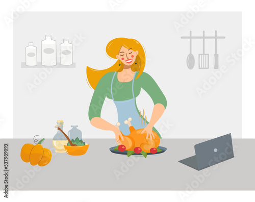 Pretty woman cooking turkey or chicken while looking through recipes on a laptop. Dinner in honor of the holiday, Thanksgiving, Christmas. Girl blogger or video blogger, vector illustration.