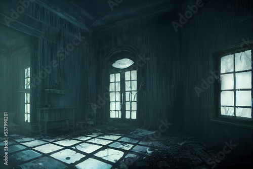 spooky  creepy interior. haunted house  halloween background  digital illustration  concept art  Generative AI