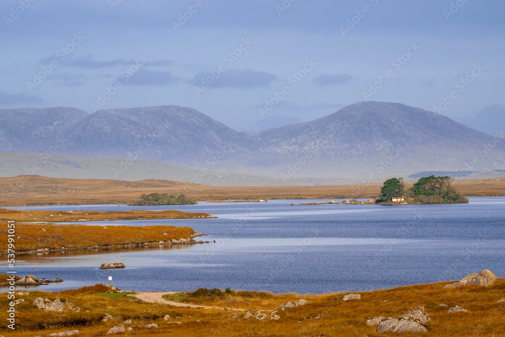Fototapeta premium Nature scene in Connemara with lake with small island, yellow grass in a fields and mountains in the background. County Galway, Ireland. Travel and tourism. Irish landscape.