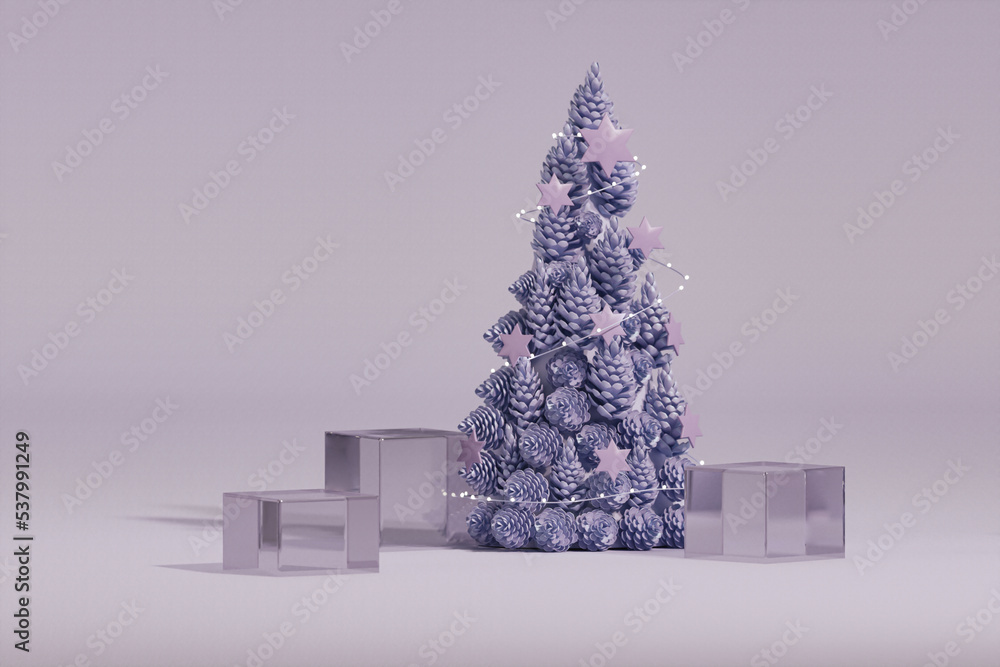 Minimal scene with gifts and pine trees, podium. Purple color and glass ...