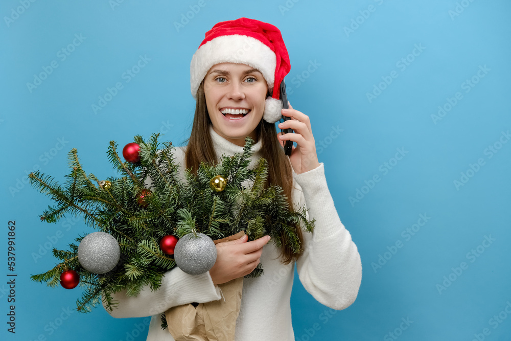 Happy beautiful young female in Christmas hat holding bouquet of spruce branches talk speak on mobile cell phone conducting pleasant conversation, posing over blue color background wall in studio Happy beautiful young female in Christmas hat holding bouquet of spruce branches talk speak on mobile cell phone conducting pleasant conversation, posing over blue color background wall in studio