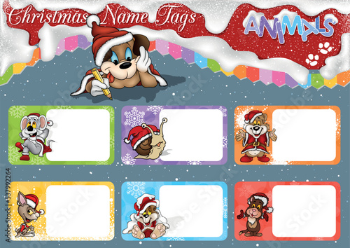 Set of Christmas Name Tags with Cute Animals in Santa Claus Costume - Colored Cartoon Illustrations, Vector