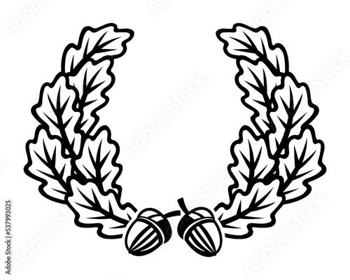 Wreath of oak leaves and acorns on a white background.