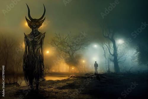 Meeting of a passerby and a nocturnal creature. Realistic digital illustration. Fantastic Background. Concept Art. CG Artwork.