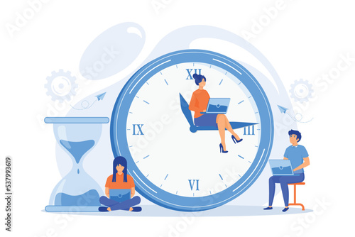 Busy business people with laptops hurry up to complete tasks at huge clock and hourglass. Deadline, project time limit, task due dates concept, flat vector modern illustration
