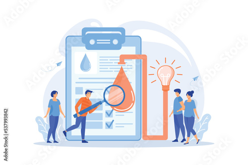 Consumers with magnifier testing new product properties. Product testing, customer needs identification, market research studies concept, flat vector modern illustration
